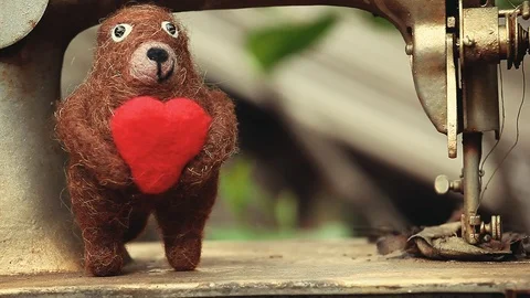 Wool Bear Heart Sewing Machine  Stock Footage 89940140