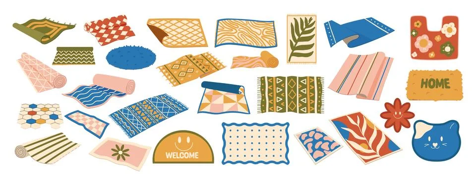 Wool carpets set. Modern handmade cotton and wool rugs with geometric and f.. Stock Illustration