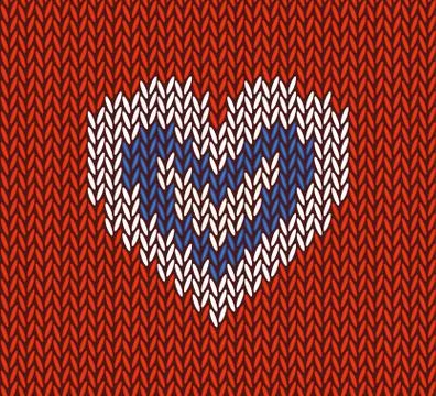 Wool knitted pattern with white  heart on red background. Stock Illustration