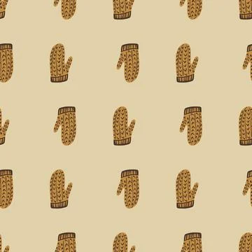 Wool knitted seamless pattern with beige colored mittens ornament. Light past Stock Illustration