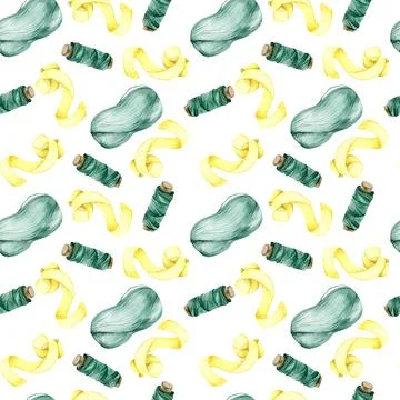 Wool knitting watercolor seamless pattern with needles, hooks and yarn balls. Stock Illustration