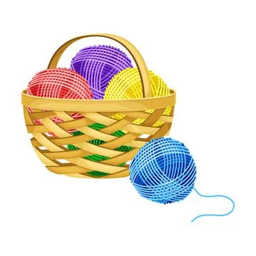 Wool or Cotton Thread Ball in Wicker Basket as Needlework Tools Vector Stock Illustration
