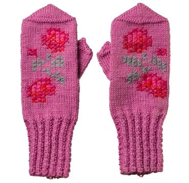 Wool pink mittens with pattern Stock Photos