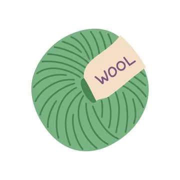 Wool yarn ball vector illustration. Cozy calm green ball of yarn with label Stock Illustration