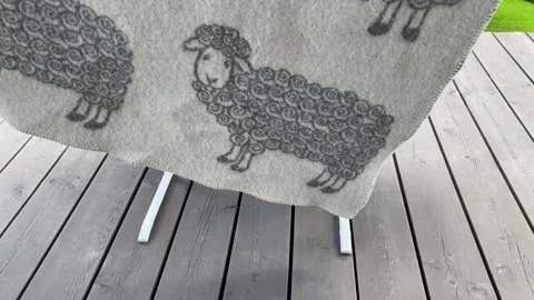 Woolen sheep blanket draped stylishly on rack Stock Footage 343864491
