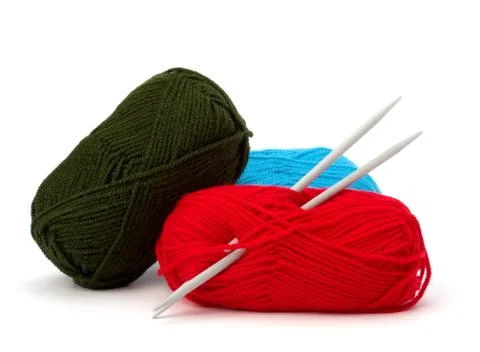 Woollen thread and knitting needle. needlework accessories. Stock Photos