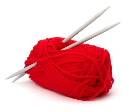 Woollen thread and knitting needle. needlework accessories isolated on white Foto stock