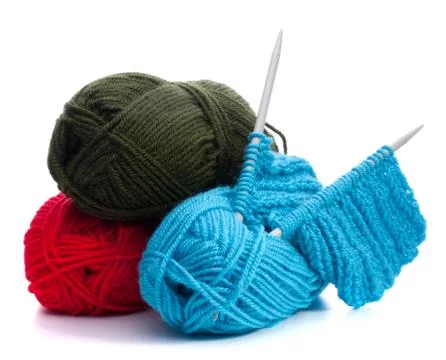 Woollen thread and knitting needle. needlework accessories. Stock Photos