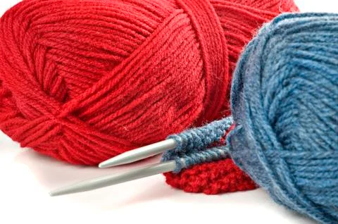 Woollen thread and knitting needle. needlework accessories on white backgroun Stock Photos