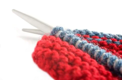 Woollen thread and knitting needle. needlework accessories on white backgroun Stock Photos