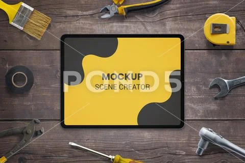 Woork space, tools, tablet mockup scene creator. DIY concept PSD Template