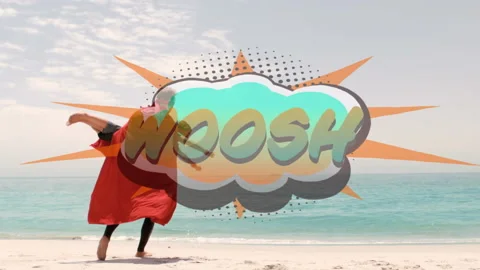 Woosh text on speech bubble against man carrying his son in superhero costume Stock Footage 136858639