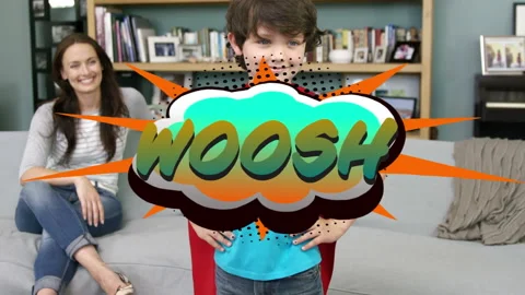 Woosh text on speech bubble against boy in superhero costume giving high five to Stock Footage 137235602