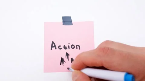 Word ACTION is written on a sticky note with an arrow, business. Stock Footage 315301331