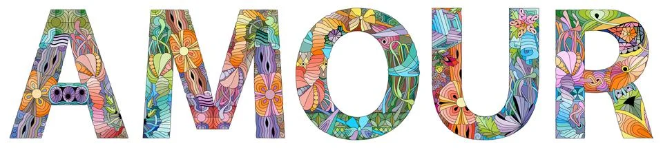 Word AMOUR. Vector zentangle object for decoration Illustrazione stock