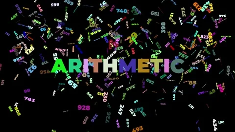 Word arithmetic changing color and growing on screen with many numbers falling Stock Footage 321548844