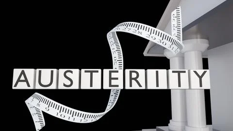 The word AUSTERITY in block letters, a measuring tape and a government building Ilustración de archivo