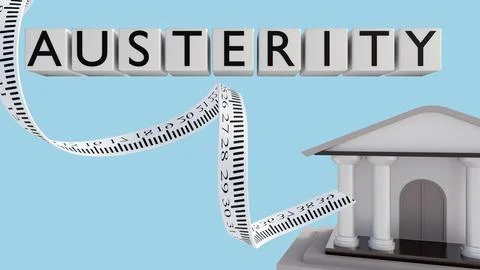 The word AUSTERITY in block letters, a measuring tape and a government building Ilustración de archivo