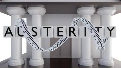 The word AUSTERITY in block letters, a measuring tape and a government building Ilustración de archivo