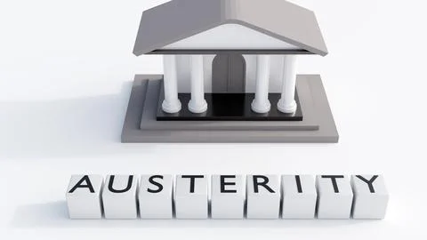The word "AUSTERITY" is spelled out on square blocks and a classical building. Ilustración de archivo