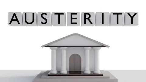 The word "AUSTERITY" is spelled out on square blocks and a classical building. Ilustración de archivo