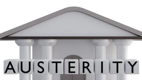 The word "AUSTERITY" is spelled out on square blocks and a classical building. Ilustración de archivo