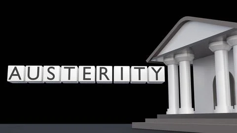 The word "AUSTERITY" is spelled out on square blocks and a classical building. Ilustración de archivo