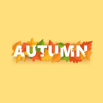 Word AUTUMN composition with green yellow red leaves on yellow background in Stock Illustration