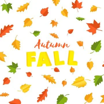 Word autumn FALL composition with green yellow red leaves on white background in Stock Illustration