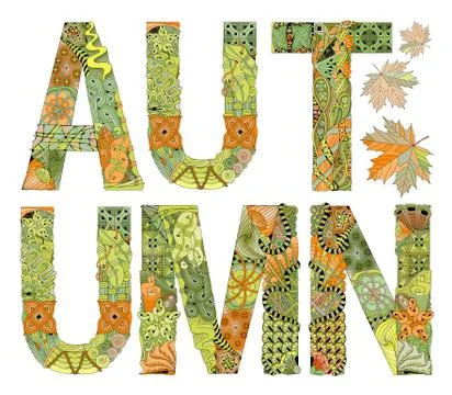 Word autumn with falling leaves. Vector decorative zentangle object Stockillustratie