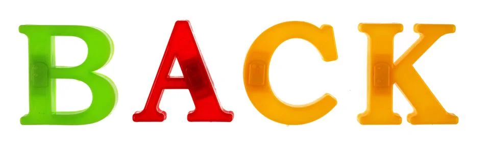 The word back is lined with multicolored plastic letters isolated Foto stock