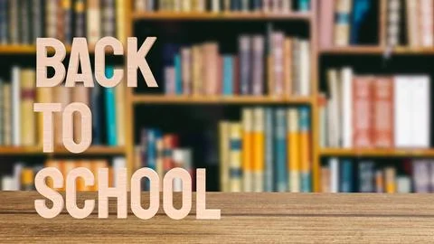 Word back to school in library for education concept 3d rendering Stock Photos