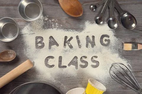 Word baking class written in white flour Word baking class written in whit... Foto stock
