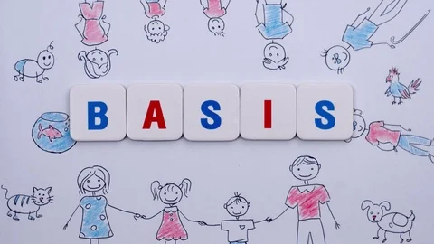 Word BASIS on white background with a picture of the family. Video stock 73552518