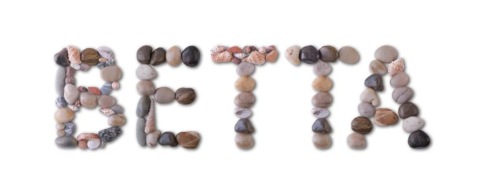 The word "BETTA" is lined with shells and stones of different shapes and colo Fotos Stock