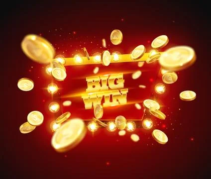 The word Big Win, surrounded by a luminous frame on a coins explosion backgro Stock Illustration