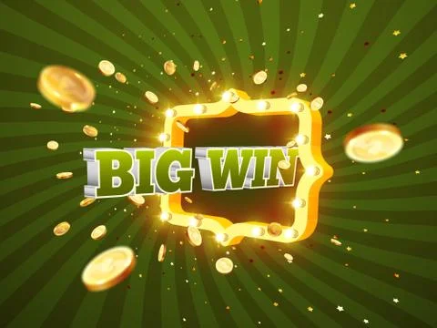 The word Big Win, surrounded by a luminous frame on a coins explosion backgro Illustrazione stock