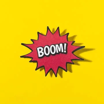 Word boom retro comic speech bubble yellow background 1 Resolution and high Stock-Illustration