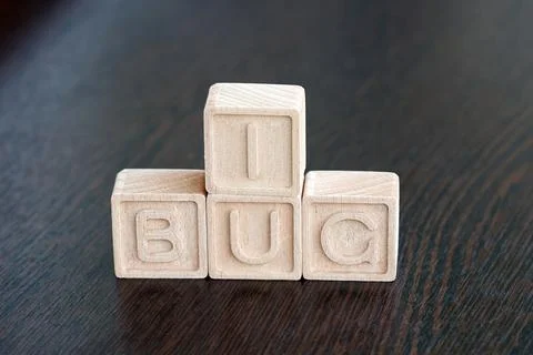 Word bug with inserted letter i for word big. Debug concept Foto stock