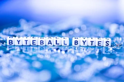 Word BYTEBALL BYTES formed by alphabet blocks on mother cryptocurrency Stock Photos