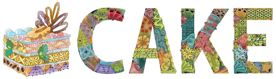 Word CAKE with piece of cake. Vector decorative zentangle object Stock Illustration