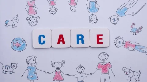 Word care over white background with child's drawing of family. Stock Footage 73552516