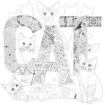 Word CAT for coloring. Vector decorative zentangle objects Illustrazione stock