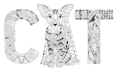 Word cat for coloring. Vector decorative zentangle object Illustrazione stock