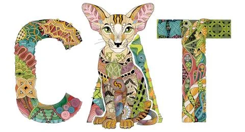 Word CAT with a drawing of a cat. Vector decorative zentangle object Illustrazione stock