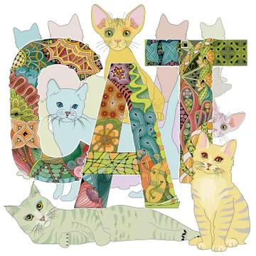 Word CAT with drawing of a cats. Vector decorative zentangle objects Illustrazione stock