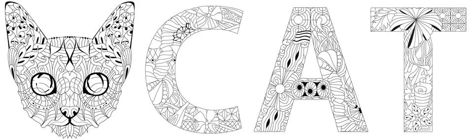 Word CAT with a head of cat. Vector decorative zentangle object for coloring Illustrazione stock