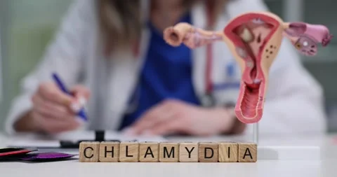 Word Chlamydia on wood blocks with human uterus model on desk Stock Footage 310201502