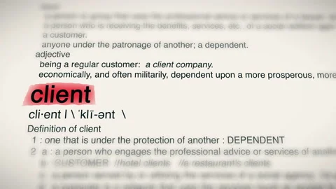 The Word Client Red Highlighted in a Dictionary Animation Stock Footage 191289308