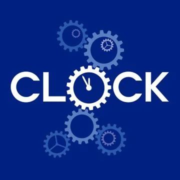 Word 'Clock' with big gear instead 'O' on blue background Stock Illustration